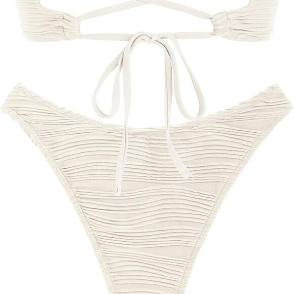 Women Strapless Textured Bandeau Bikini 2 Piece Swimwear in Beige, Small - Picture 5 of 7